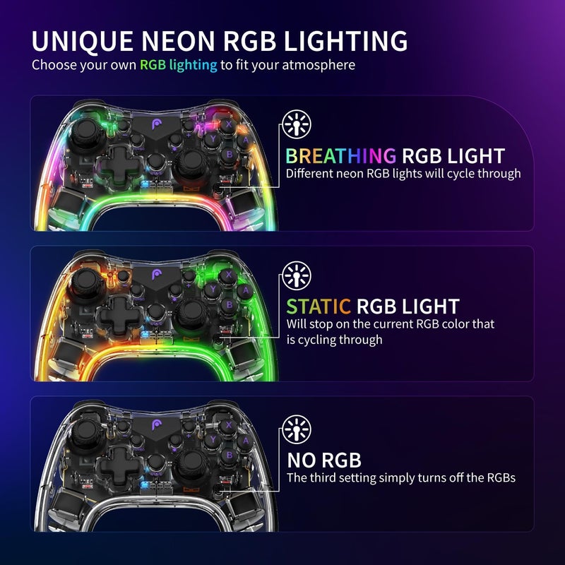 Fosmon Wireless Bluetooth Gaming Controller for Switch 2/1/Lite/OLED, Android/iOS/PC/Steam/Apple Arcade MFi Games, Pro Controller with RGB Lights (14 Color), 4 Level Vibration, 6-Axis Gyro, Turbo - Image 2
